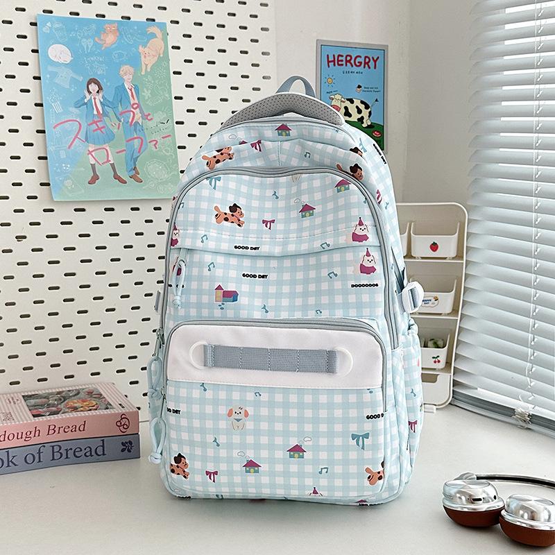 New high-value, fresh and sweet plaid cute cartoon backpack, lightweight backpack for junior high school students