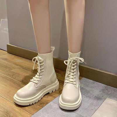 Martin Boots Women's Autumn and Winter British Style Versatile Knitted White Boots Thick Sole with Fleece Short Boots Women