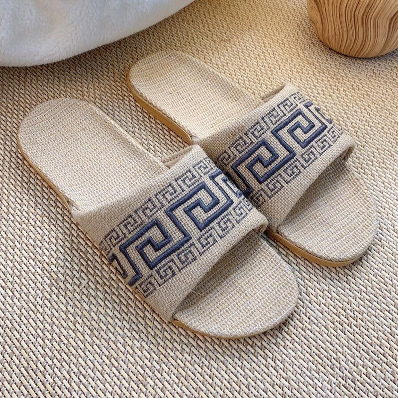 Machine embroidered women's new linen slippers women's summer home use couple indoor soft bottom non-slip cool slippers men's summer