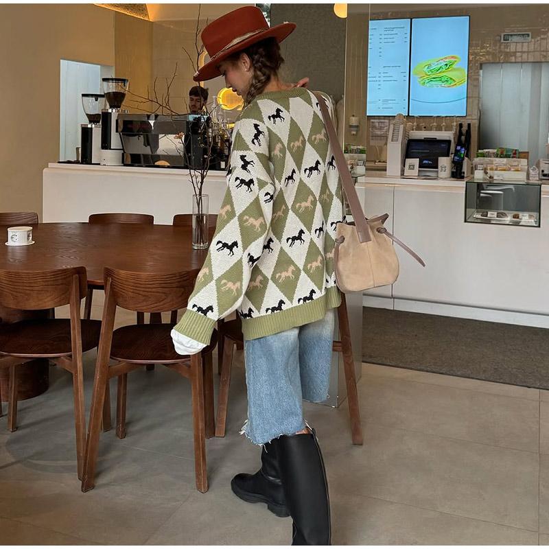Contrast Jacquard Round Neck Sweater Women's Fashion All-match Green Sweater Diamond Style Sweater Women's Soft Skin-friendly Pullover