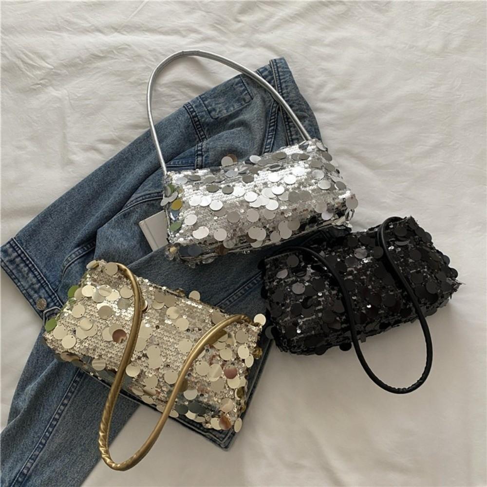 Portable Large Capacity Shoulder Bag Shiny Sequins Multifunctional Women's Handbag with Zipper Solid Color Underarm Bag Dinners