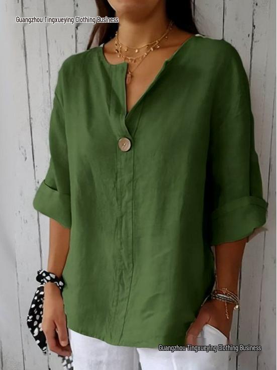 Europe & America Summer V-neck Women's Cotton Linen Button T-shirt