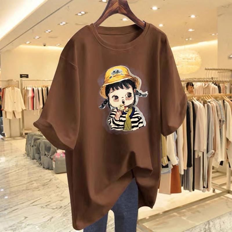 

Cotton short-sleeved T-shirt women s 2025 summer new front shoulder round neck loose large size fashion printing medium and long butt cover XXXL