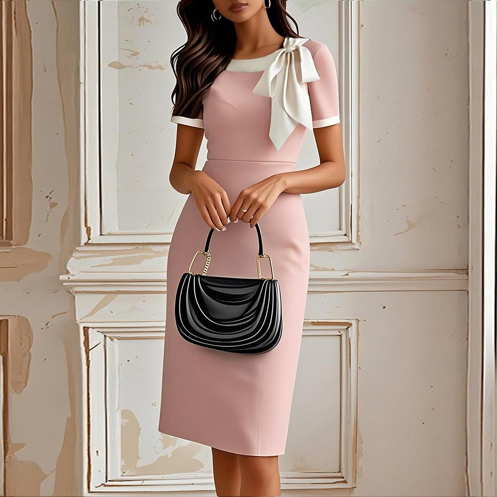 Women's Fitted Round Neck Color Party Dress, Elegant Spliced Evening Gown for Cocktail and Banquet