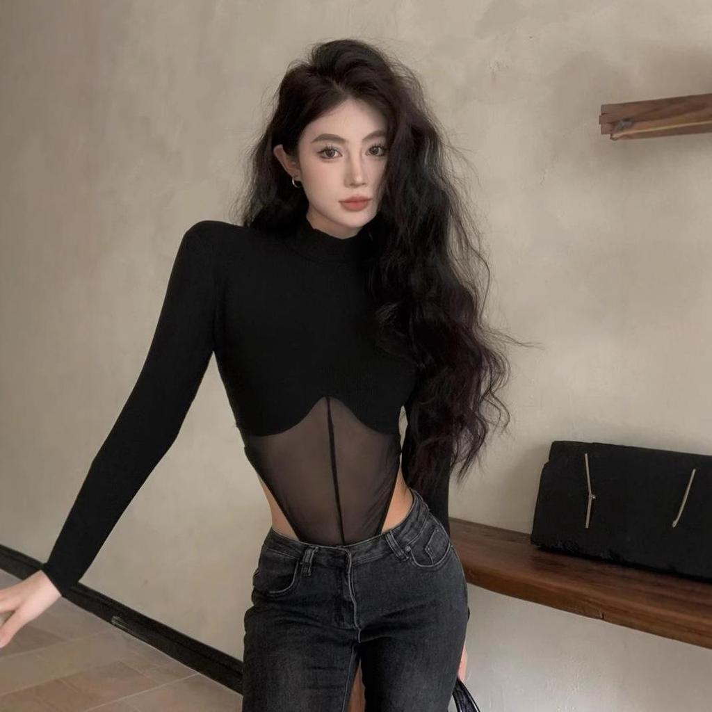 Pikantne Seksowne Siateczkowe Wstawki Slim Fit Body z Długim Rękawem