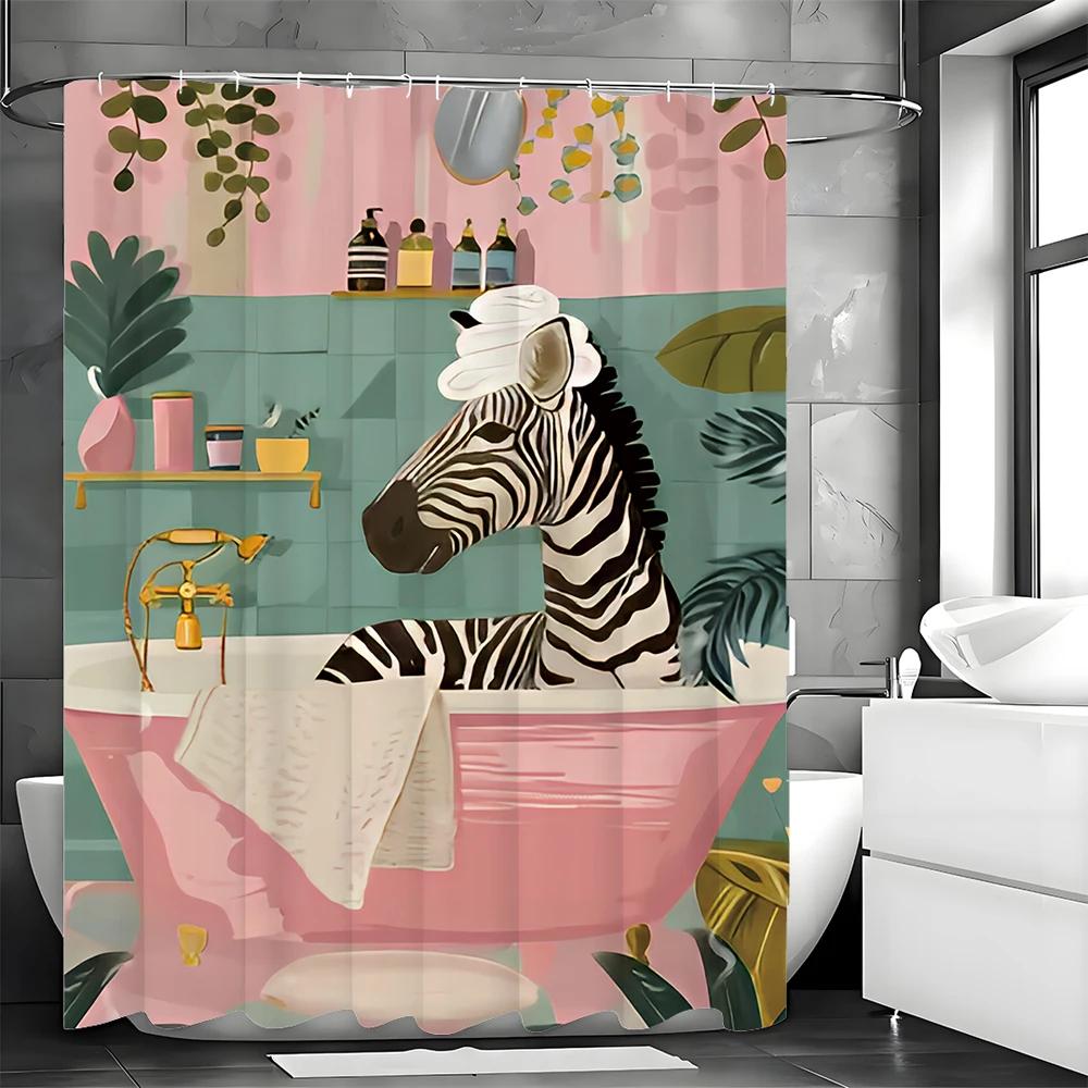 Bathroom Zebra Shower Curtain, Floral Plants, Pink Walls and Bathtub Green Tile Bathroom Decorative Shower Curtain, Waterproof S