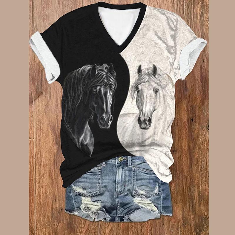 

Летний топ с V-образным вырезом и 3D-принтом в виде лошади и ведьмы, модные повседневные женские футболки с короткими рукавами XS