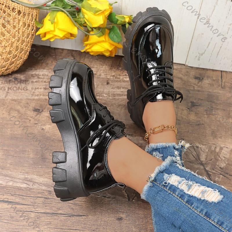 Comemore Thick Bottom British Style Leather Shoes Women 2025 Autumn New Loafers Round Head Lace Up Casual Black Platform Pumps