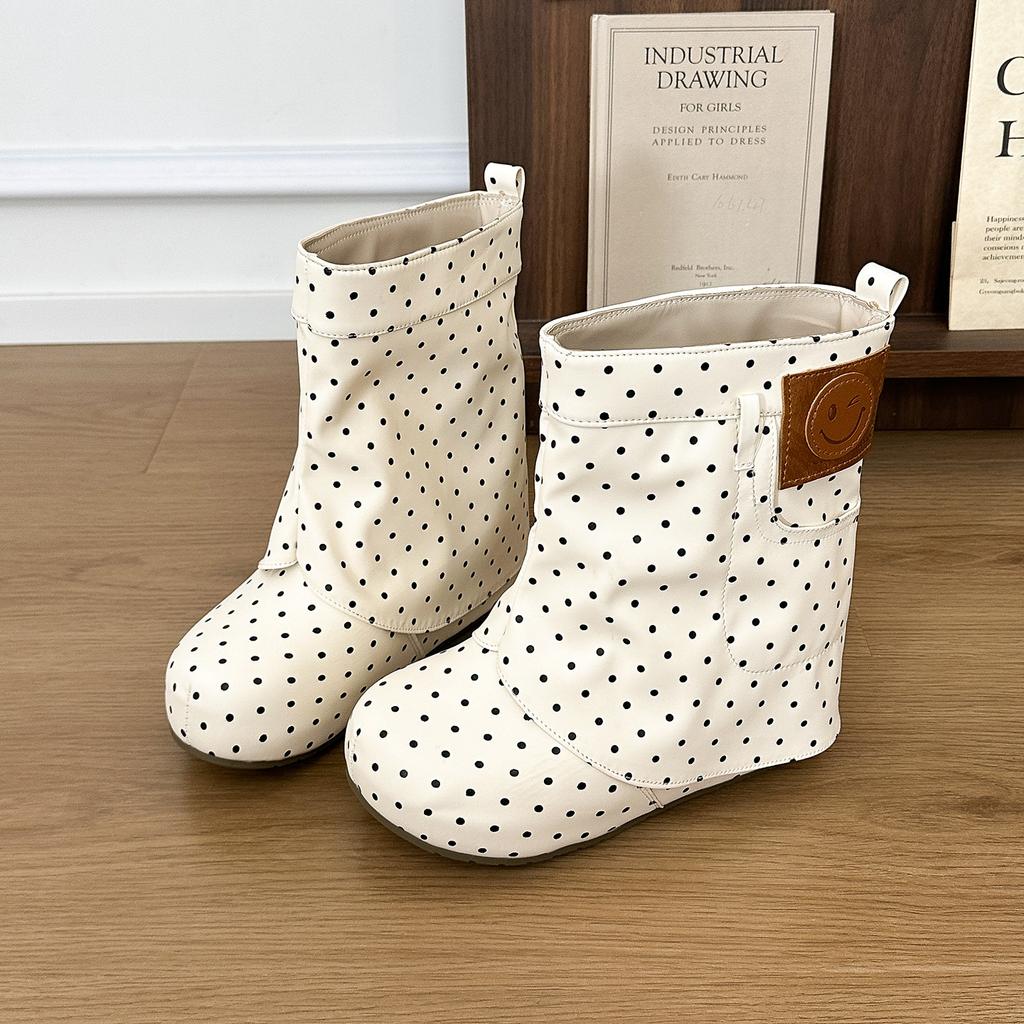 Retro polka dot style comfortable round head medium tube fashion boots women's autumn new small inner height increase big head women's boots