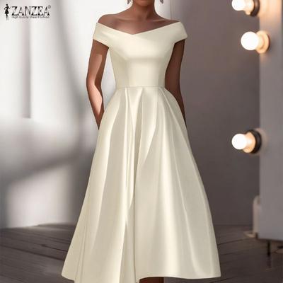 Robe longue décontractée élégante à épaules dénudées et manches courtes pour femme - Robe de soirée