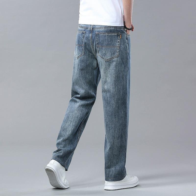 Calças de Jeans Masculinas Soltas Business Retas Verão Perna Larga Tamanho Grande Elásticas Meia-Idade Casuais