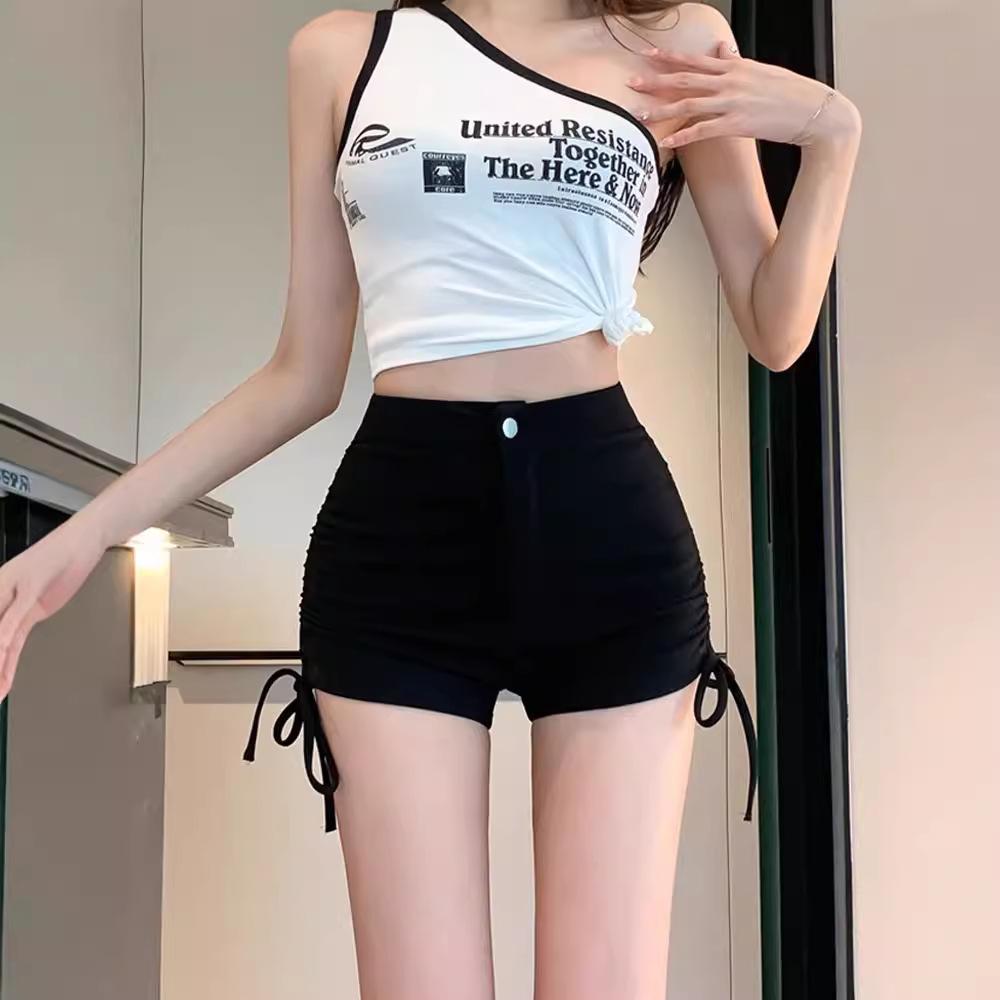Women's High Waist Elastic Hot Pants: Summer 2024 Korean Style, Lace-Up, Black, Versatile & Spicy.