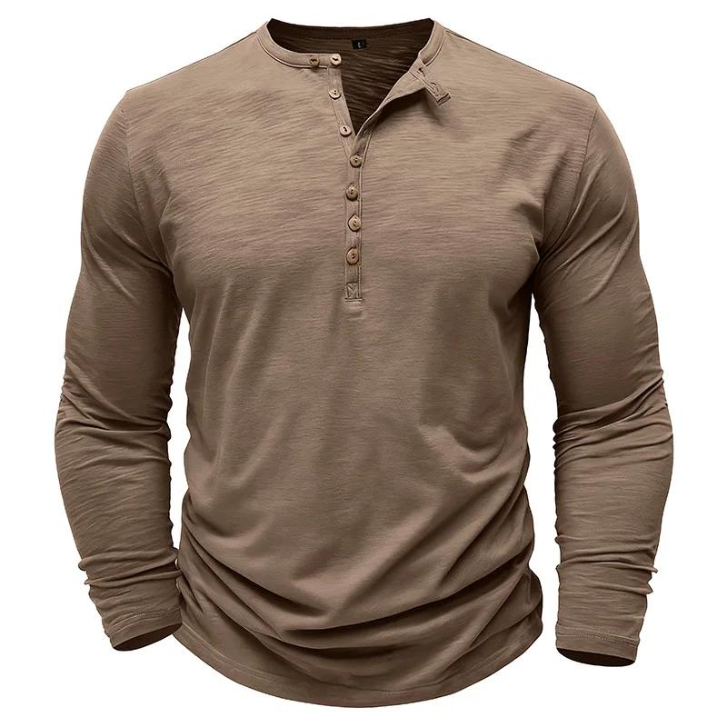Mens Henley Collar Long Sleeve T-Shirts Solid Color Loose Fit Button Front Casual Daily Tshirts