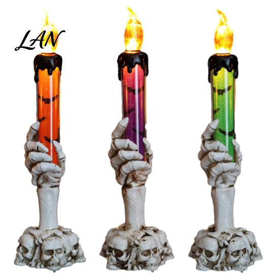 Battery Operated Halloween Lights LED Ghost Candle Light, Spooky Hand Lamp Retro Skeleton Base Ornaments Tabletop Decor, Horror Light for Party