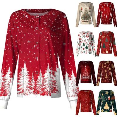 Women's Casual Long-sleeved Single-breasted Christmas Printed Protective Clothing Cardigan Top