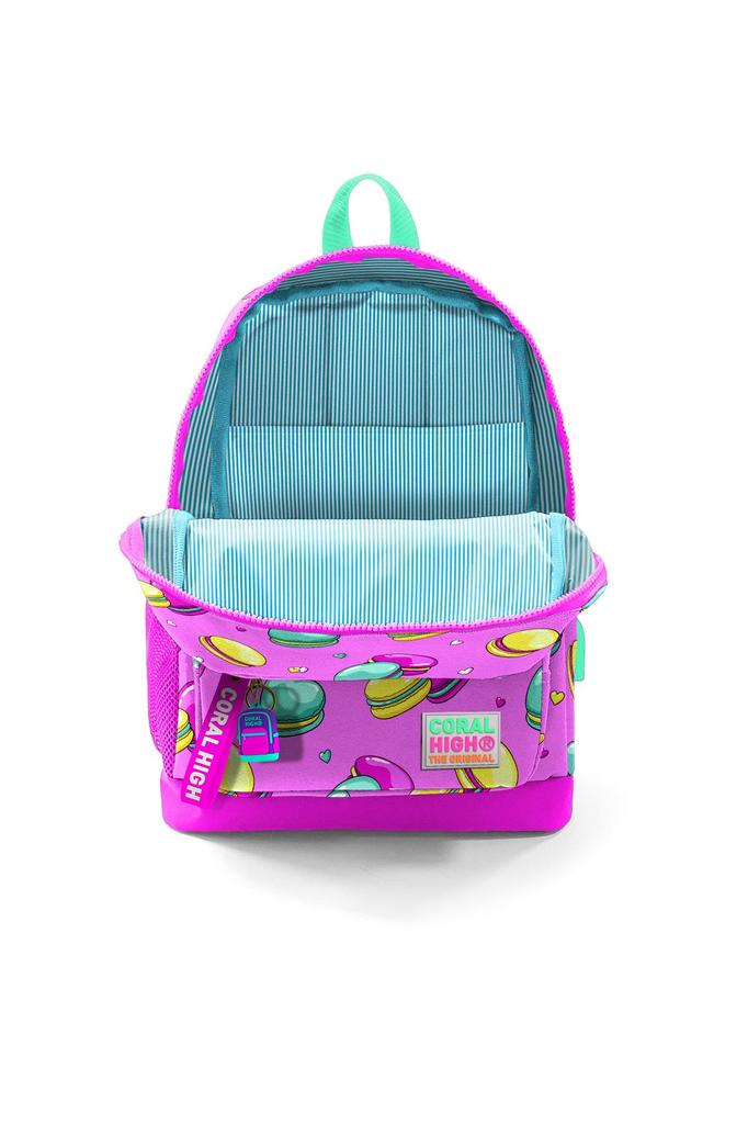 Dětský školní batoh Coral High se čtyřmi přihrádkami a USB kabelem, světle růžový, vodní zelený, vzorovaný makronky, 23261