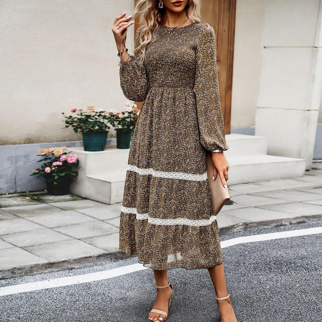 Women Autumn Winter O Neck Lantern Sleeve Lace High Waist Pleated Printed Dress
