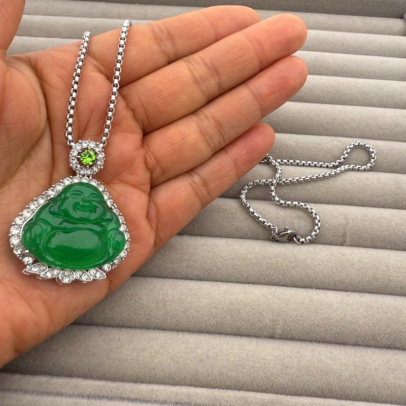 Elegant Women s High-Quality Imitation Chalcedony Pendant Necklace - Jade Green Ping an Pai, High Ice Jade Inlaid Design