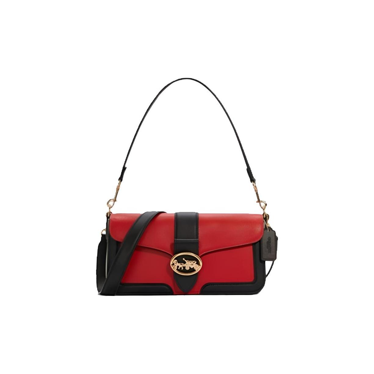 Coach Red Black Leather Convertible Shoulder Bag with Horse & Carriage Buckle for Daily Use Basic Set (Bag+Dust Bag)