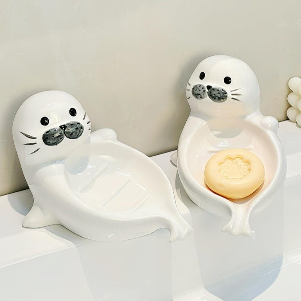 Cute Sea Lion Soap Dish Drainable Soap Box Self Draining Soap Holder Ceramic Soap Container Bathroom Decor Organizer Household