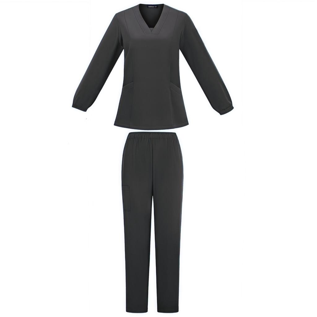 Women's Quick Drying Fabric Solid Color V-neck Pocket Long Sleeve Pants Set Workwear