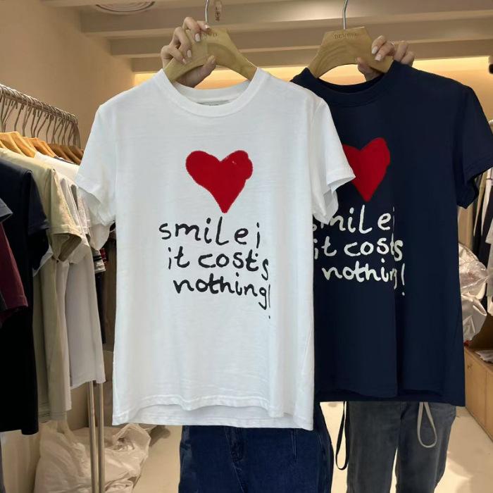 

2025 Новая футболка с коротким рукавом и принтом «Любовь» для женщин, с круглым вырезом, принт на переднем плече, повседневная, универсальная, облегающая, трендовая S