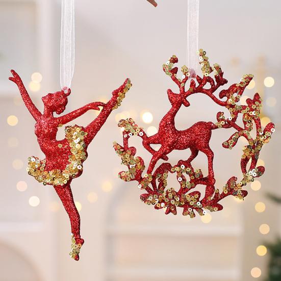 Glitter Sequined Christmas Ornament Red Snowflake/Butterfly/Star/Reindeer/Ballerina Hanging Decoration for Xmas Tree Doors Walls Holiday Home Decor