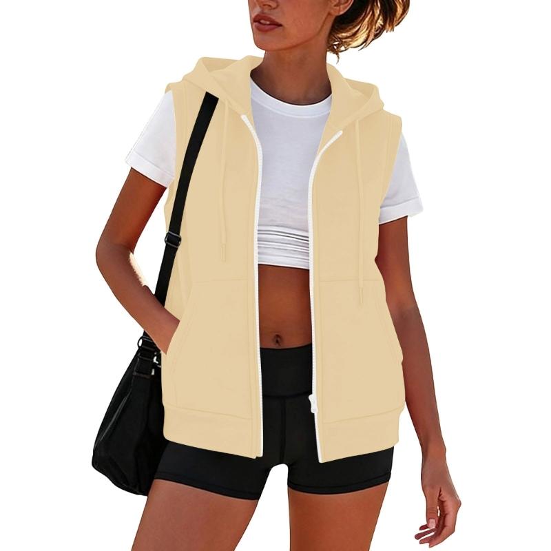Women’s Sleeveless Sun Protection Vest Zip Up Hoodie Jacket Lightweight Drawstring Sweatshirt Outdoor Shirt with Pockets