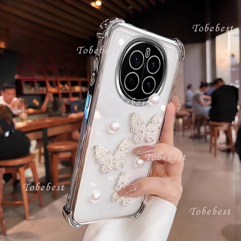 3D Perlen Schmetterling Stoßfest Verchromt Silikonhülle für Huawei Honor Magic 7 Lite 6 5 4 3 Pro Klar Transparent Rückseite