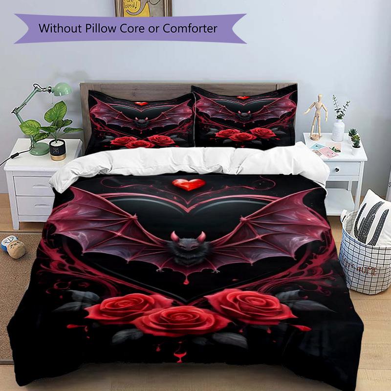 3pcs Bat Heart Roses Duvet Cover Set - Includes 1 Duvet Cover and 2 Pillowcases, No Quilt Core, All-Season Home Decor yy251111086