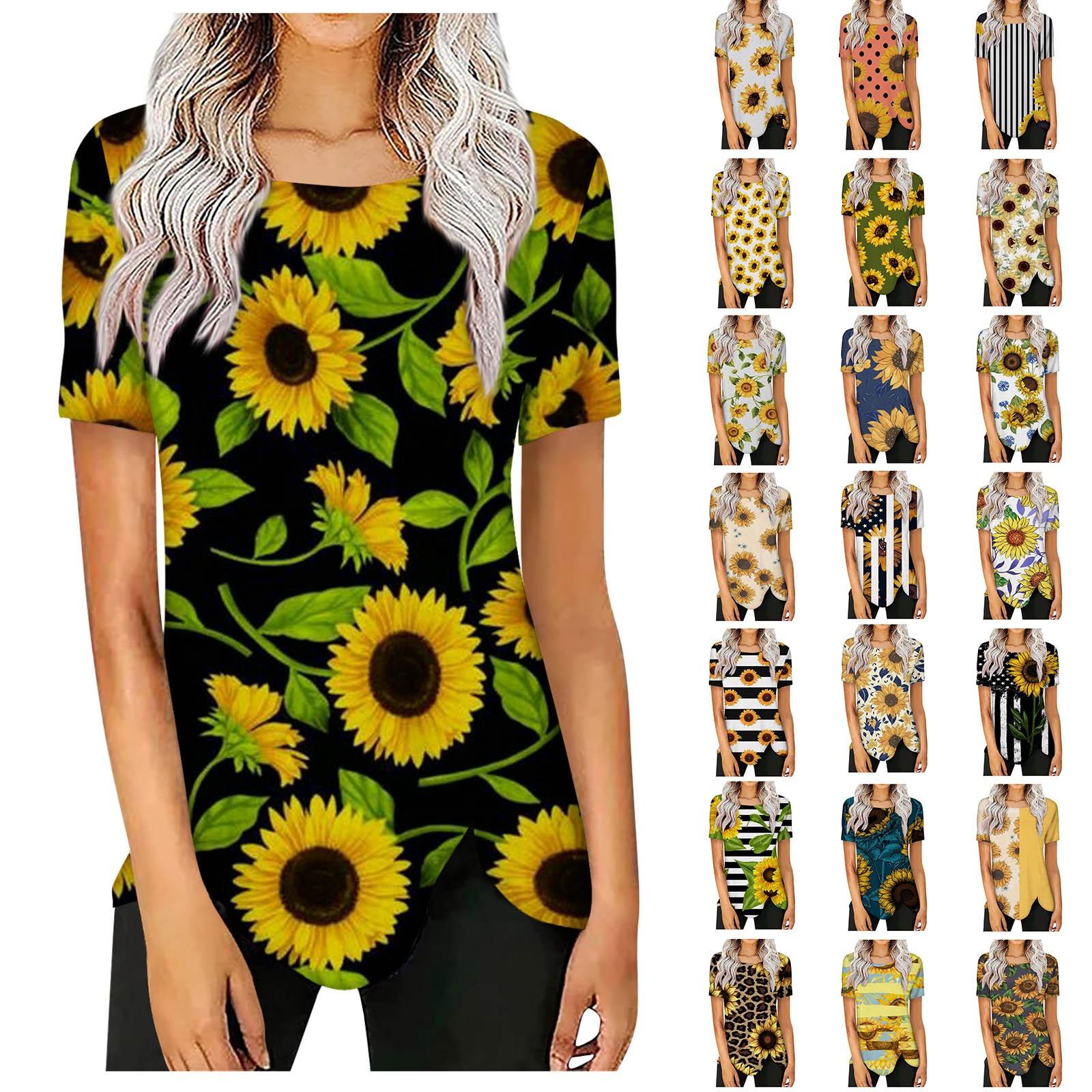 

Футболка с коротким рукавом и нерегулярным подолом с принтом подсолнечника, свободный женский топ с круглым вырезом