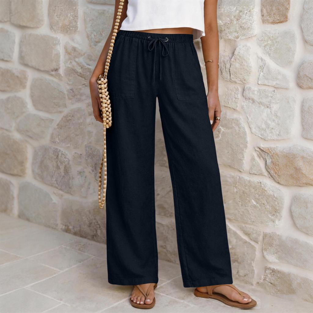 Women’s Casual High Waist Drawstring Straight Leg Wide Leg Pants Relaxed Fit Trousers with Pockets for Daily Wear