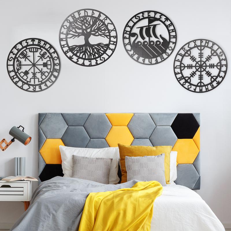 4PCS Set Round Wall Art Nordics Viking Runes Wooden Wall Decor Celtic Family Trees Viking Decor Amulet Sign Home Office Decor