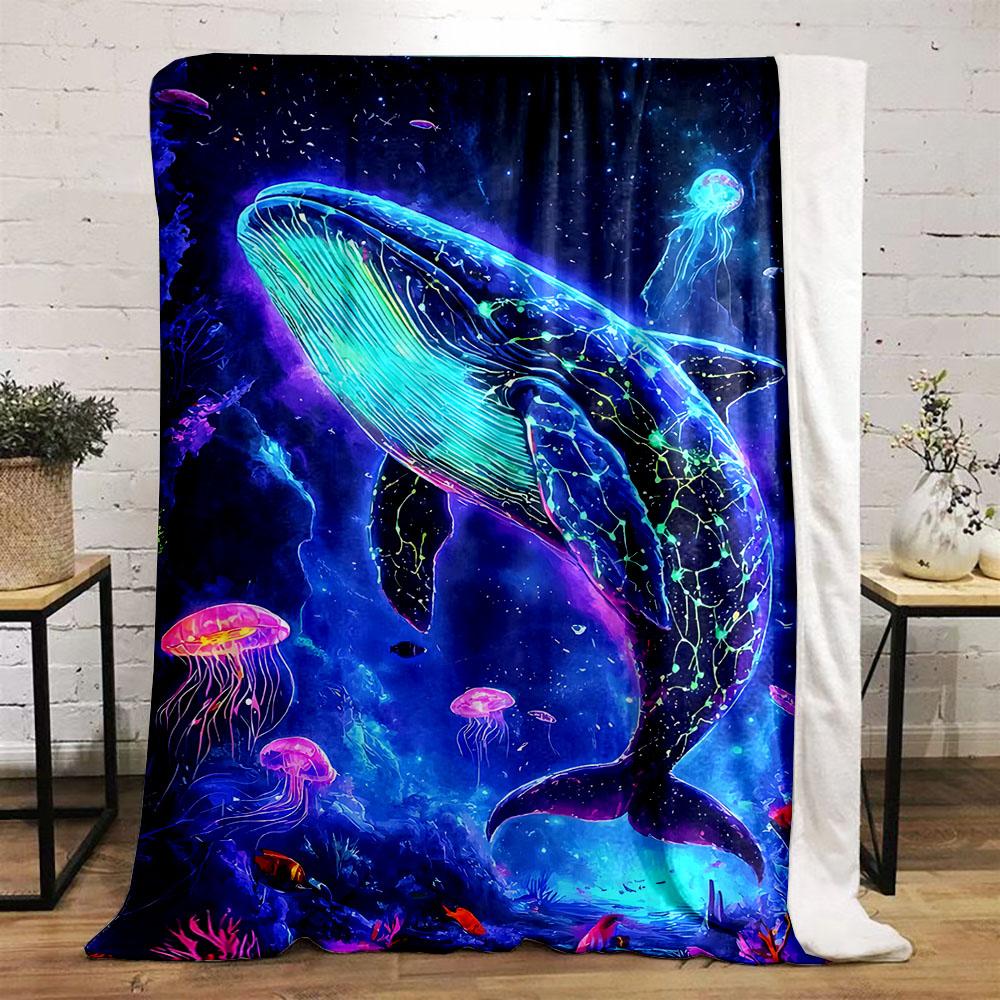 1PC Glowing whale with jellyfish printed blanket all seasons multi-purpose blanket suitable for sofa, camping, travel, car
