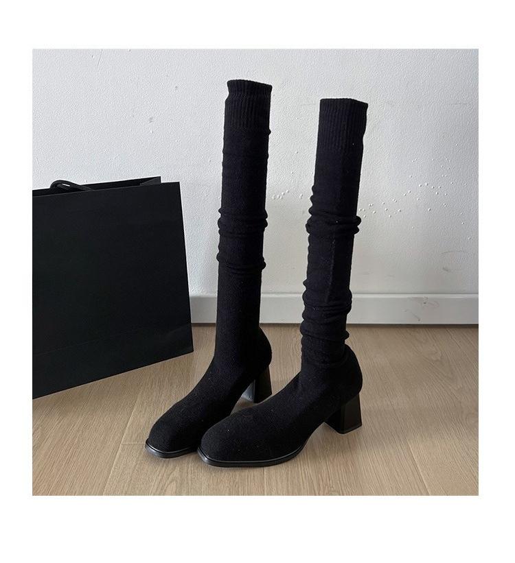 

Fashion Elastic Boots for WomenAutumn New Style Long Thigh-high Boots with Thick Heels and Small Square Heads Slender High Boots 40 чёрный