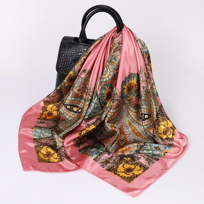 Versatile chain 90cm silk scarf square scarf high-end women's shawl retro printing satin bag headscarf