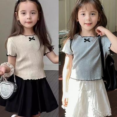 1-12Y Girl's Shirts Korean-style Knitted Lace-Trimmed Short-Sleeve Summer Ruched Tops Trendy Breathable Bow Tie Versatile Tee