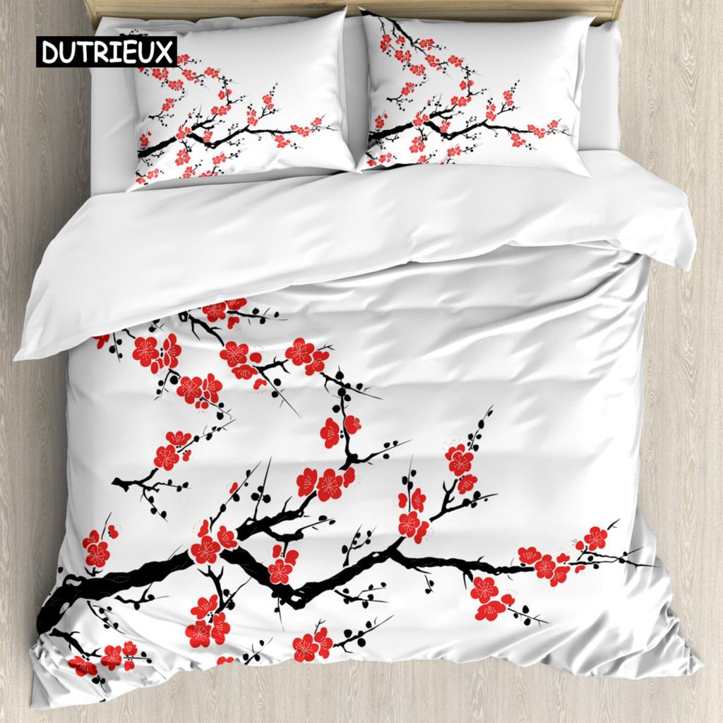 Japanese Duvet Cover Set Simplistic Cherry Blossom Tree Botanic Themed Pattern Fresh Organic Lines Bedding Set for Kids Girls
