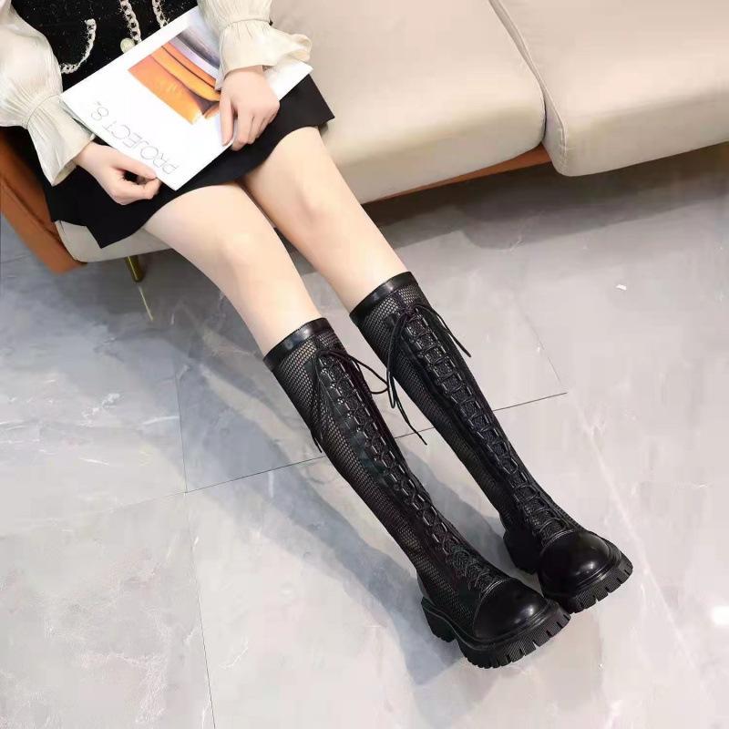 Spring and Summer Boots Women's Boots 2025 New Mesh Hollowed Leather Thick-soled High Mesh Boots Cool Boots Knight Boots