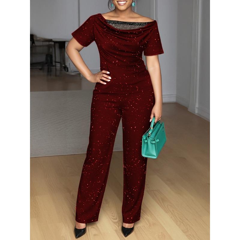 Summer New Style Gold-embroidered Lace Patchwork Short-sleeved Top and Wide-leg Pants Two-piece Set