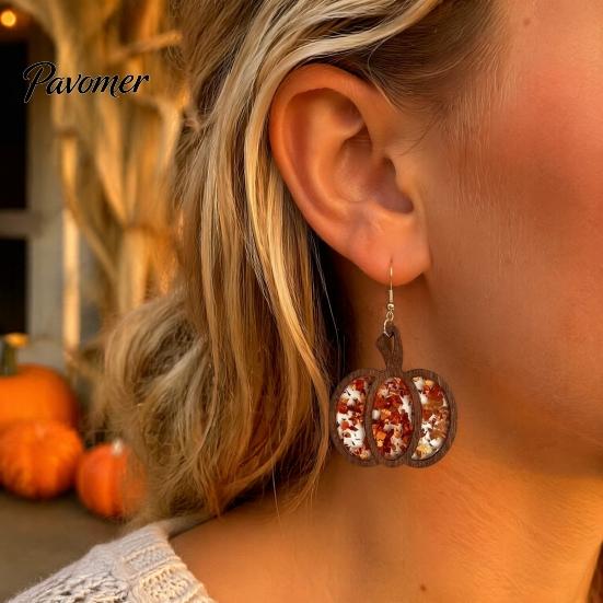Gift for Her 1 Pair Fall Thanksgiving Pumpkin Earrings Women, Wooden Halloween Dangle Shaped Drop Earrings, Autumn Jewelry Lightweight Wood