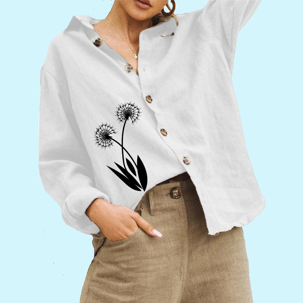 Women Fashion Floral Print Linen Shirt Ladies Casual Long Sleeved Top Loose Buttoned Blouse