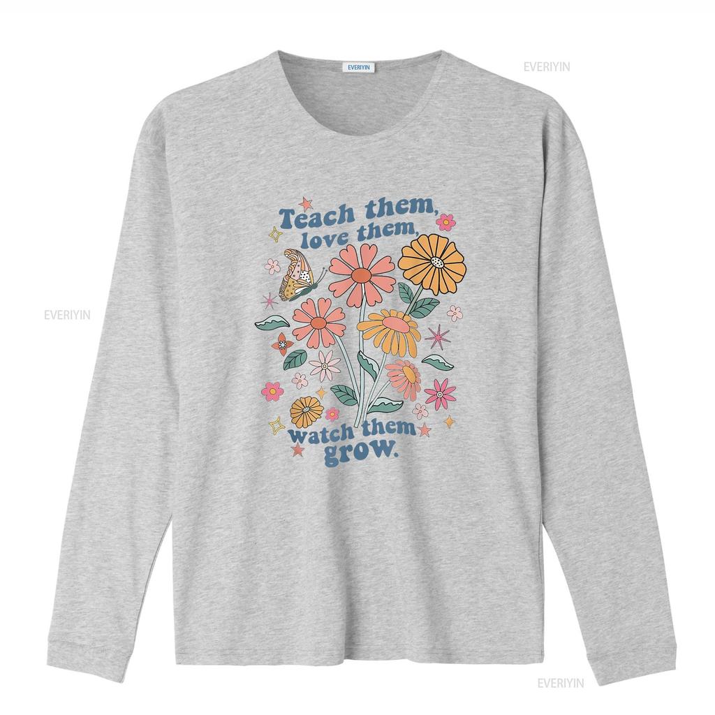 Teach Them Love Watch Grow Retro Teacher Floral T Shirt White vintage Washed graphic homme Unisex designer clothes Comfortable