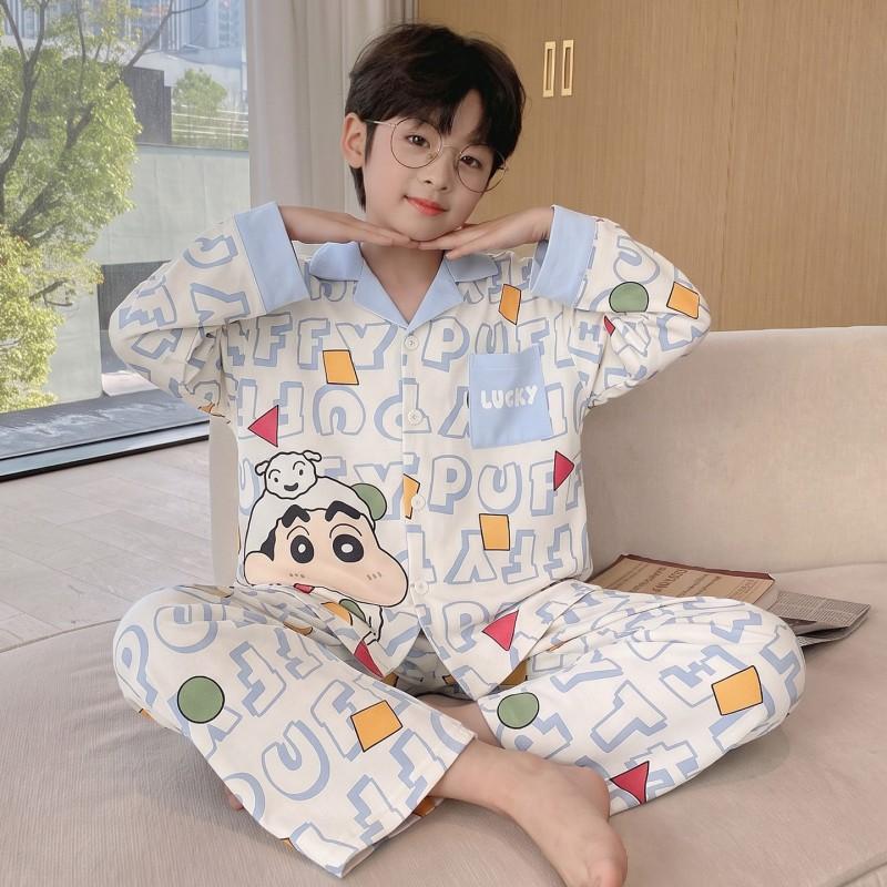Boys Cotton Pajama Set Long Sleeve Open Front Cartoon Print Home Wear Kids Teens