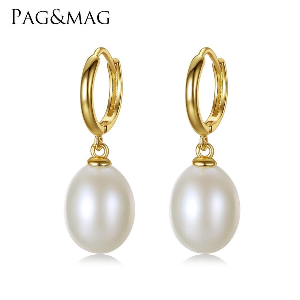 PAG&MAG Sterling Silver Freshwater Pearl Dangle Ear Cuffs Women's Earrings 8-9mm Beads