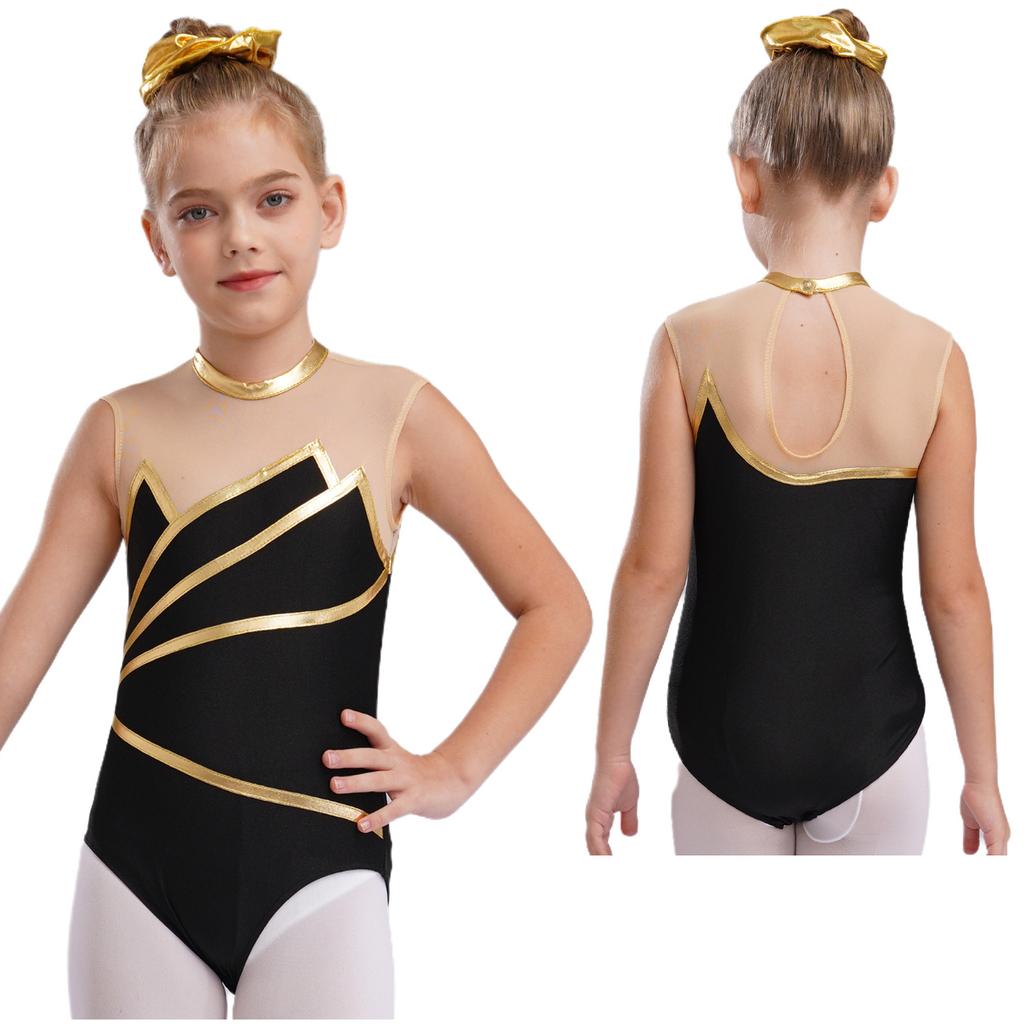 Girls Gymnastics Leotard: Metallic Striped Sheer Mesh Patchwork Keyhole Back Sleeveless Bodysuit for Dance Performance