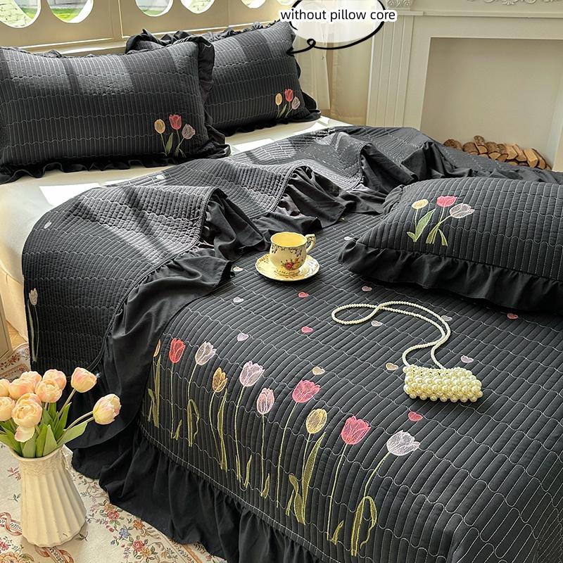 Dekbed Beddengoed Set, witte Lichtgewicht Zachte Sprei, borduur tulp Dekbed Set voor Alle Seizoenen, 3 Delig(1 Dekbed, 2 Kussenslopen 150x200cm3pcs zwart