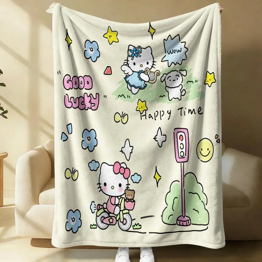 Sanrio Hello Kitty Plush Flannel Blanket Lightweight Throw Pink Gingham Apple Blanket Bed Sofa Cover School Office Nap Shawl