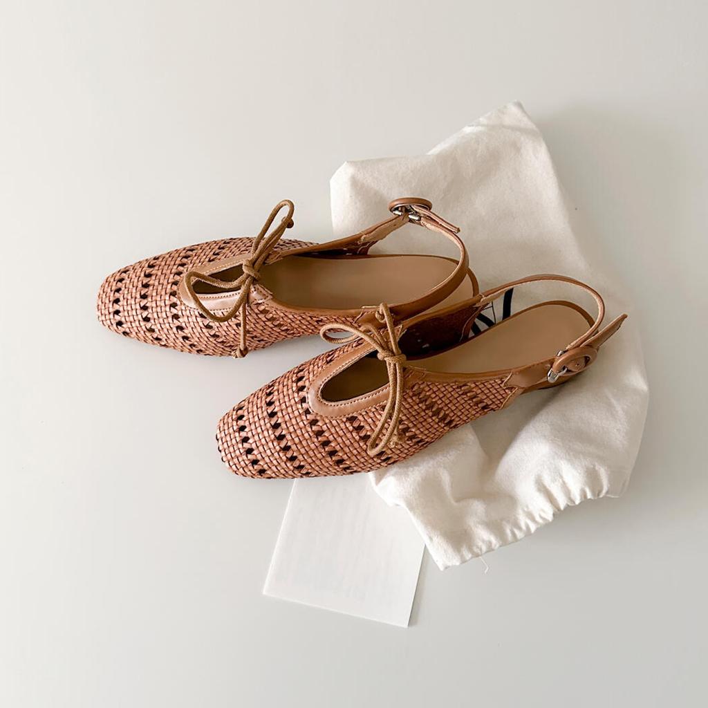 Schafleder-Version~ gewebte hohle Tasche Kopfsandalen Ein-Wort-Schnalle mit Schleife Dicke Ferse Urlaubsschuhe Frauen