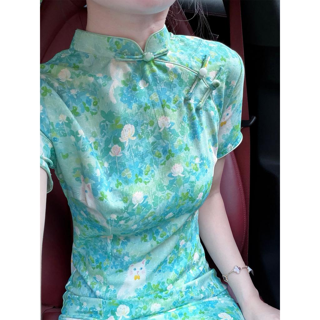 1011 summer new cheongsam cheongsam delivery dress cheongsam wins women's cheongsam blue-green white new Chinese style